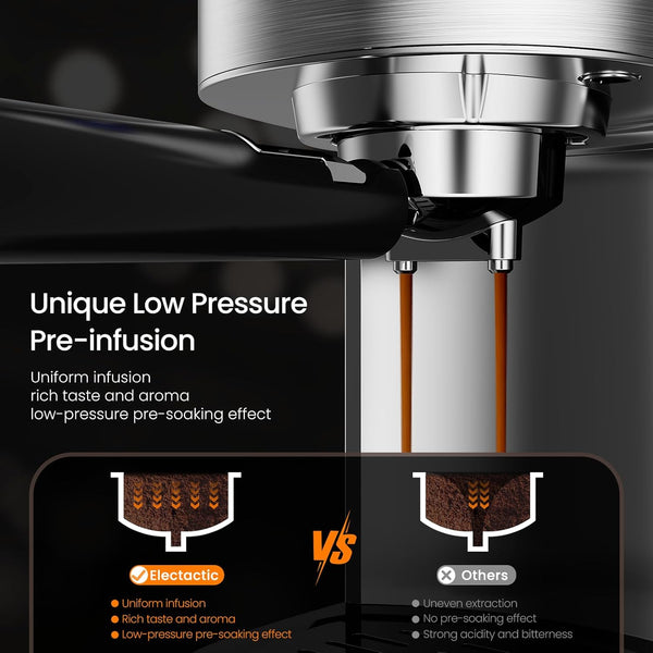 Coffee brewing machine with low pressure pre-infusion feature on a dark background