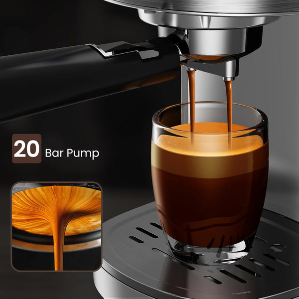 Espresso machine pouring coffee into a glass with '20 Bar Pump' text and close-up inset.