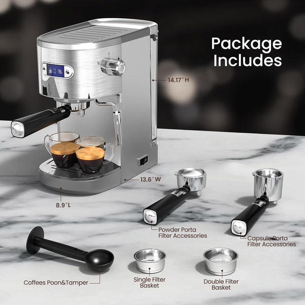 Espresso machine with accessories on a marble surface