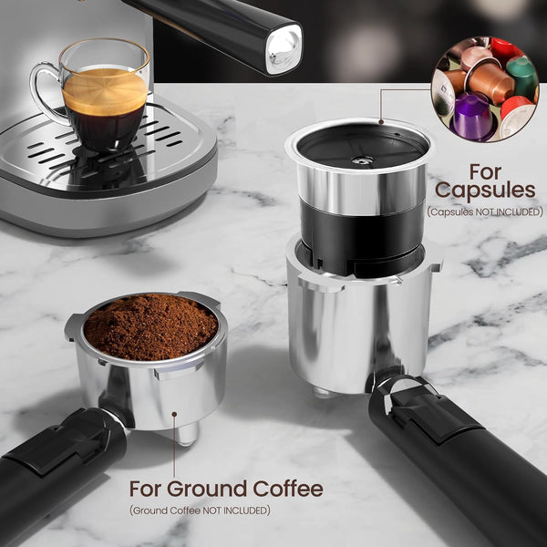 Coffee brewing device with separate compartments for ground and capsule coffee on a marble surface.