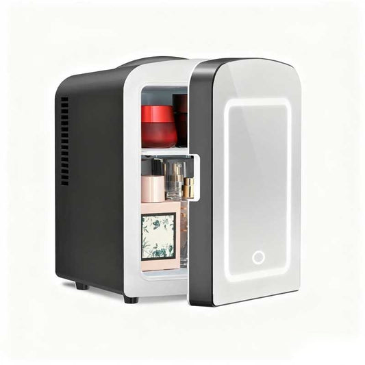 Makeup Compact Refrigerator With LED Mirror, 4L Mini Fridge for Bedroom, Car, Office & Dorm, Portable Small Cooler for Cosmetics, Skin Care, Black