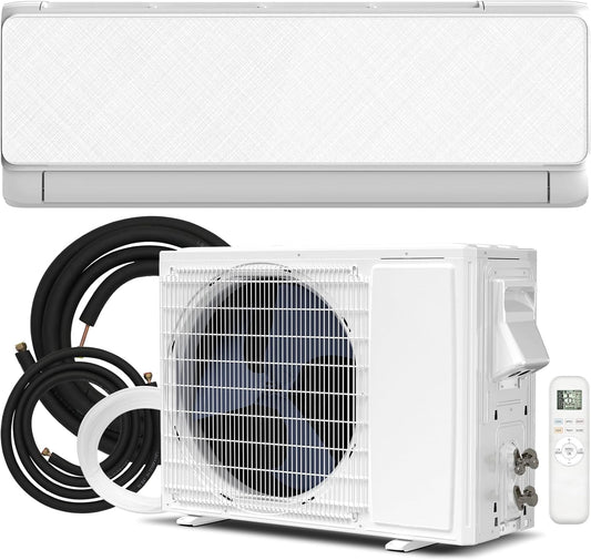 Air conditioning unit with outdoor and indoor components on a white background