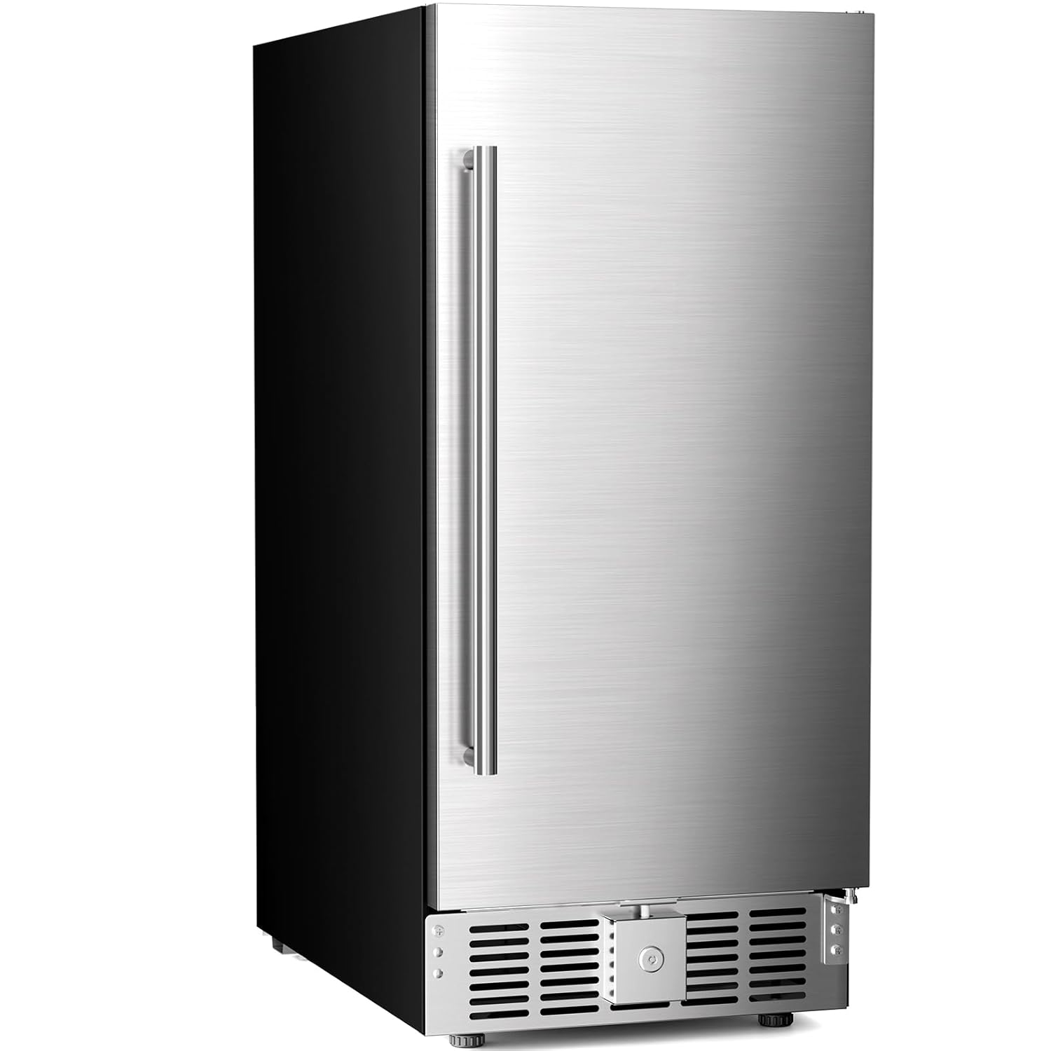 Stainless steel refrigerator with black front on a white background