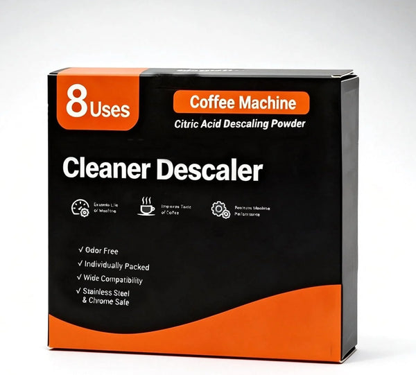 Box of Coffee Machine Cleaner Descaler with orange and black design on a white background