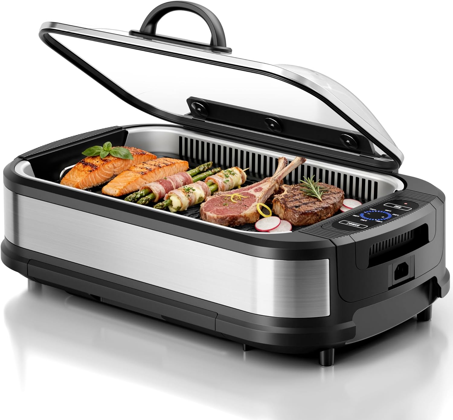 Portable grill with food on a white background