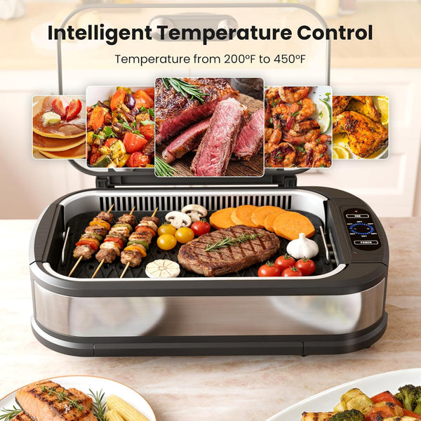 Electric grill with food on a wooden surface, featuring intelligent temperature control.