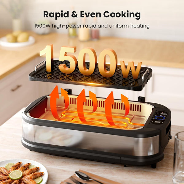 Electric cooking appliance with heating elements and text indicating 1500W power on a kitchen counter.