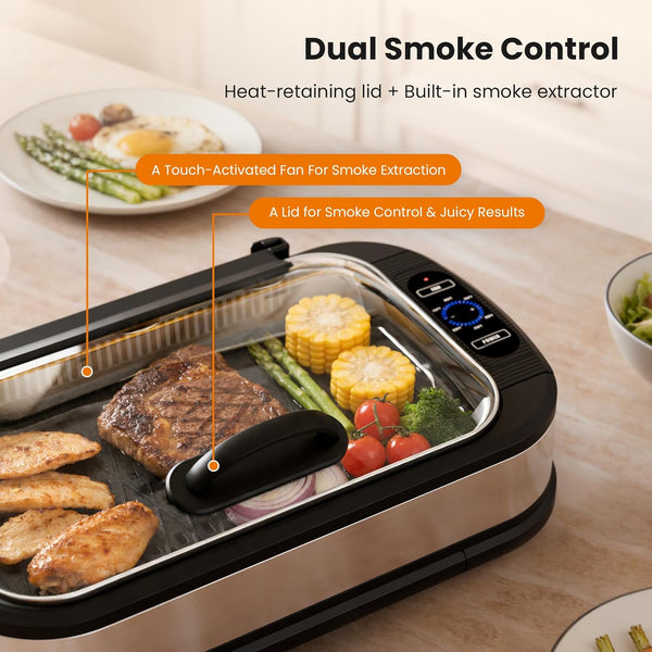 Grill with dual smoke control features on a table with food