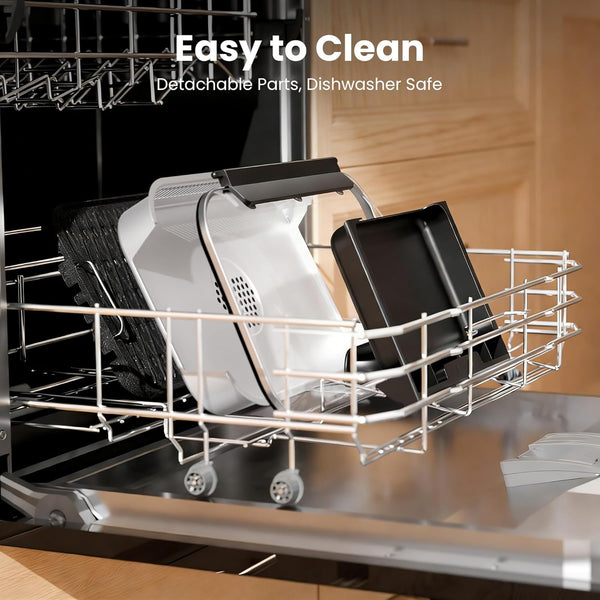 Dishwasher with a rack containing dishes labeled 'Easy to Clean' and 'Detachable Parts, Dishwasher Safe'.