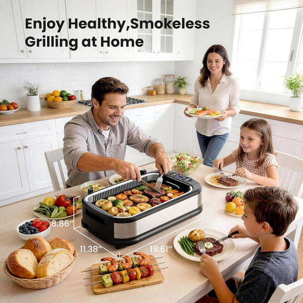 Family enjoying healthy, smokeless grilling at home with a portable grill.