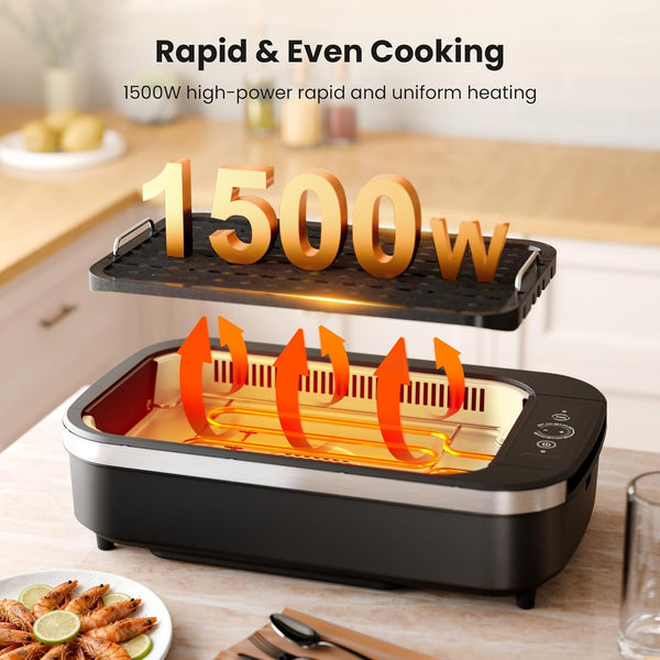 Electric cooking pan with heating elements and power rating on a kitchen counter.