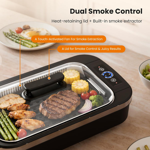 Electric grill with food on a wooden table, featuring dual smoke control technology.