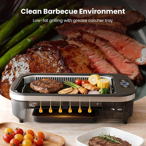 Electric barbecue grill with cooked meats, vegetables, and a grease catcher tray on a wooden surface.