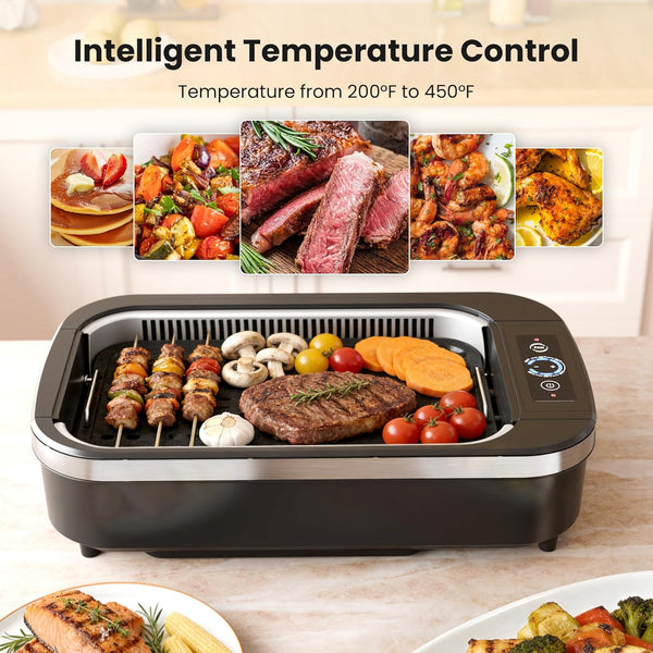 Electric grill with food on a wooden surface, featuring intelligent temperature control text.
