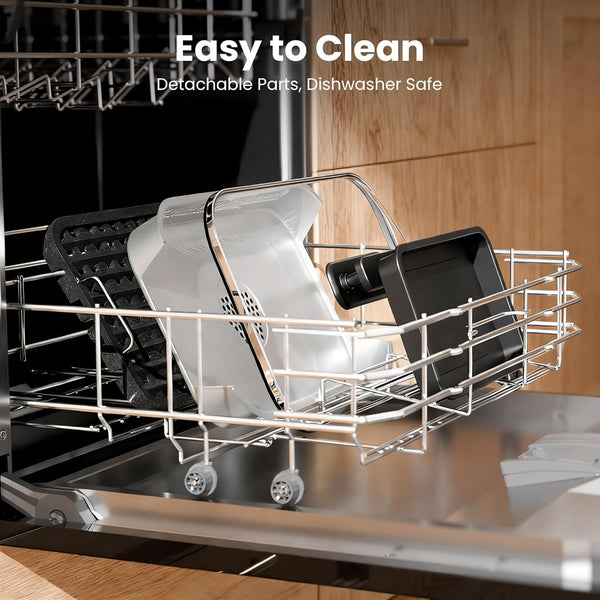 Dishwasher with a rack containing cookware, labeled 'Easy to Clean' and 'Detachable Parts, Dishwasher Safe'.