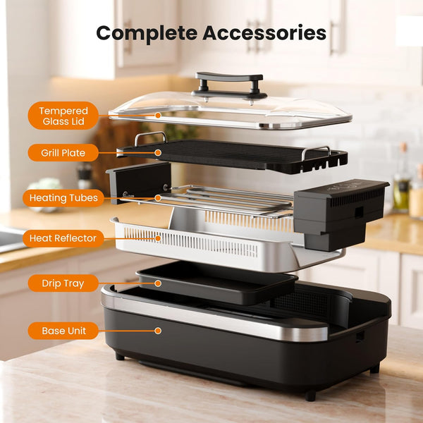 Electric grill with labeled components on a kitchen counter