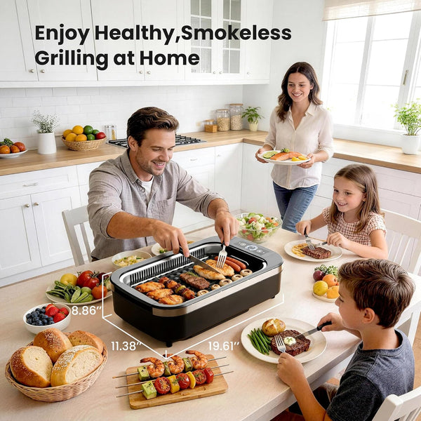 Family enjoying healthy, smokeless grilling at home with a portable grill.