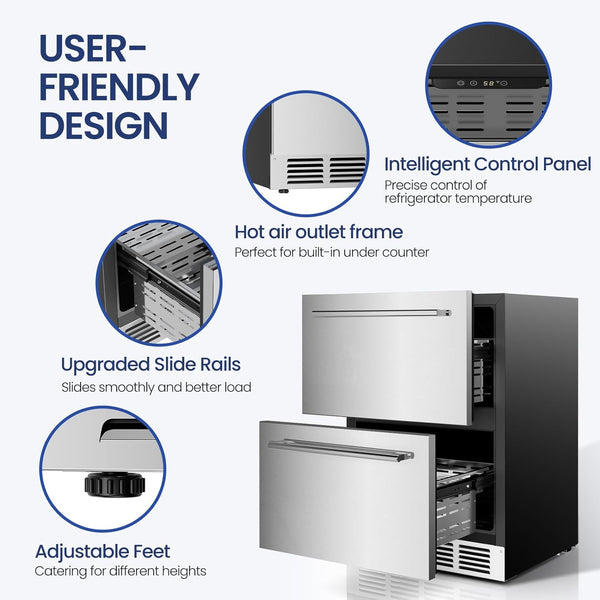 Under Counter Refrigerator, 24 Inch Double Drawer Beverage Fridge - Aglucky