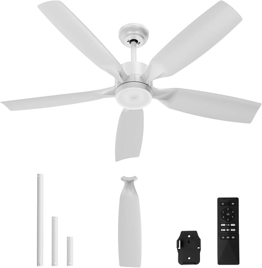 52" Downrod Mount Ceiling Fan with Light & Remote – 6-Speed Reversible DC Motor, 3-Color Dimmable LED for Indoor/Covered Outdoor, White