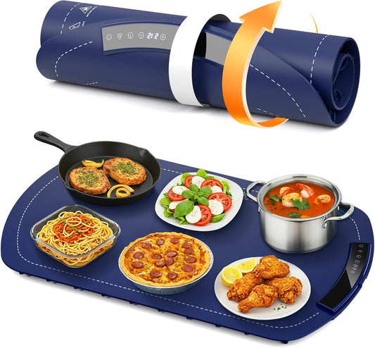 Blue heating mat with food items on a white background
