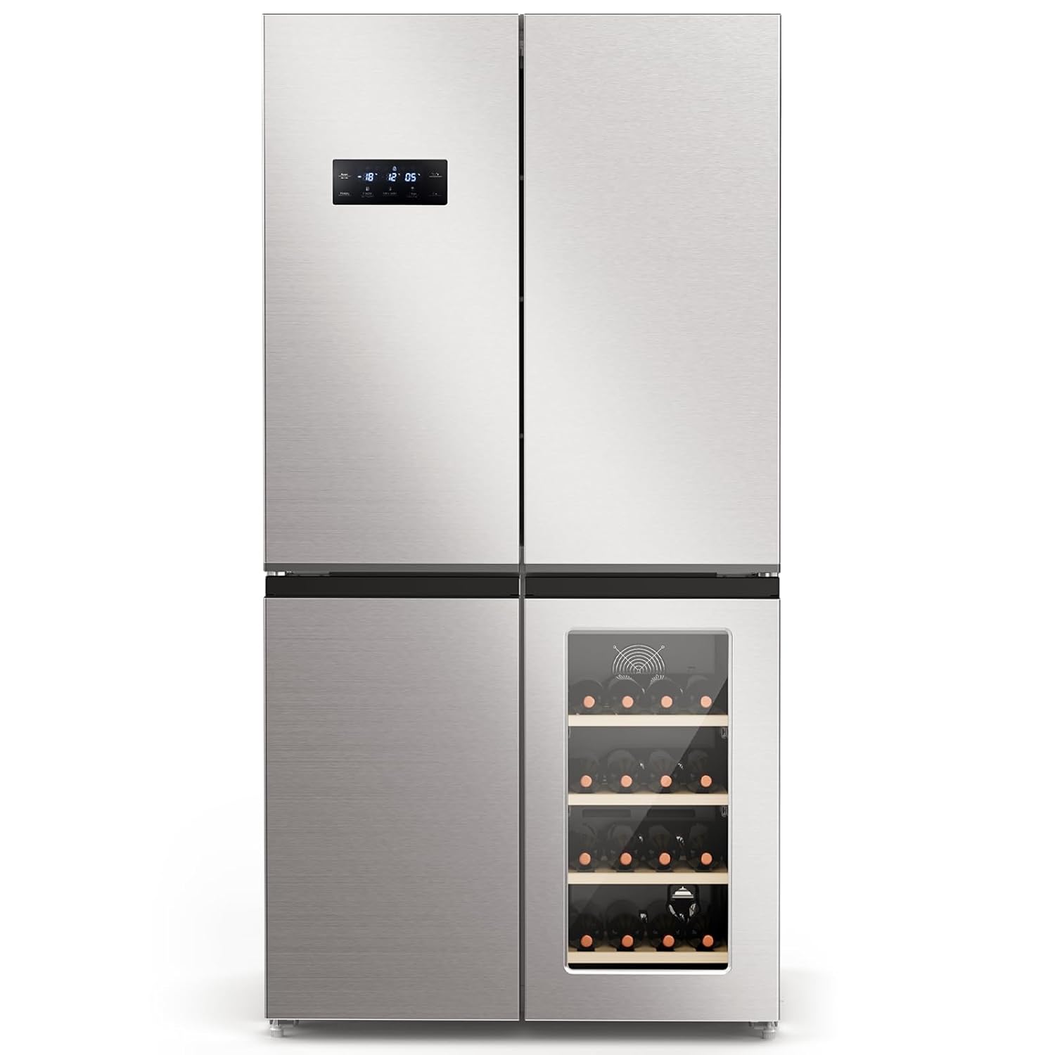 Stainless steel refrigerator with wine cooler section on a white background