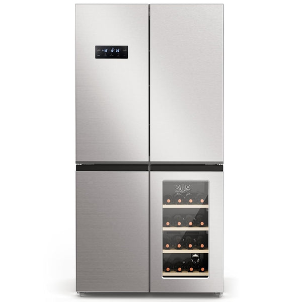 Stainless steel refrigerator with wine cooler section on a white background