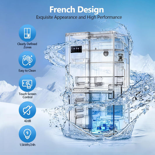 Fridge with water splashes and text highlighting features on a blue background