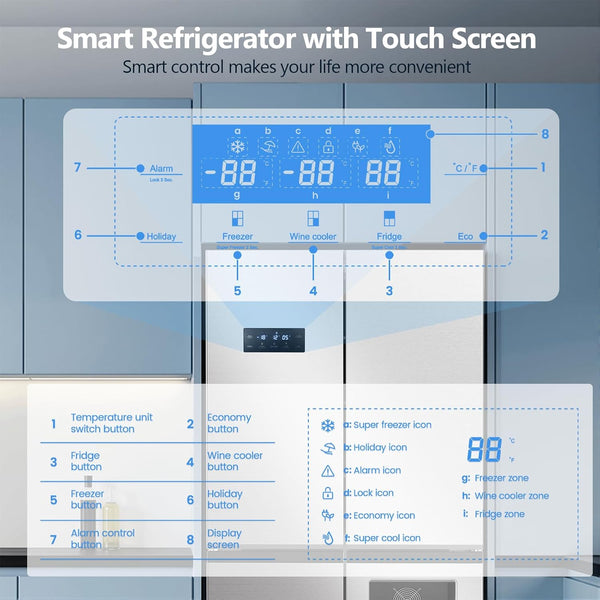 Smart refrigerator with touch screen interface and control panel details.