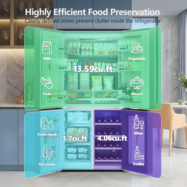 Diagram of a refrigerator with labeled sections for food preservation in a kitchen setting.