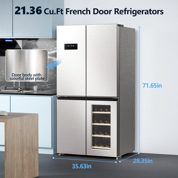 21.36 Cu.Ft French Door Refrigerator with dimensions and features highlighted