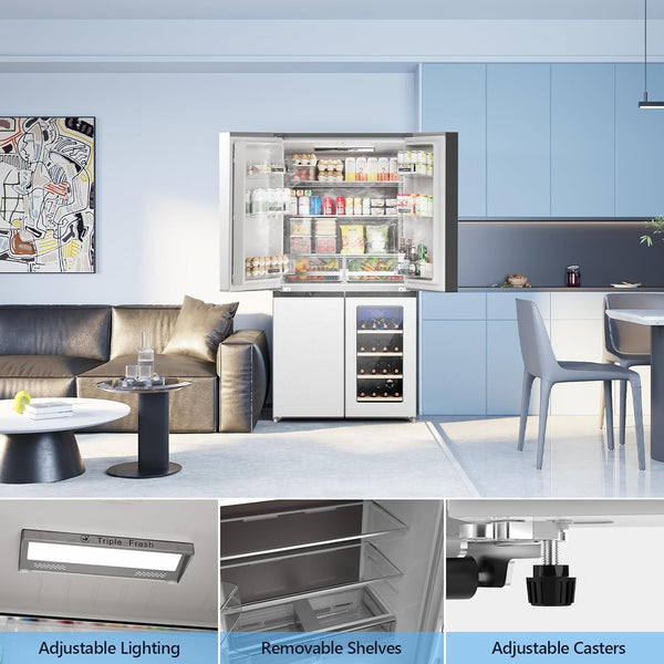 Modern kitchen with a refrigerator displaying food items, surrounded by furniture and decor.