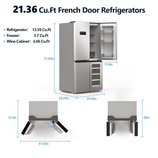 21.36 Cu.Ft French Door Refrigerator with dimensions and features on a white background