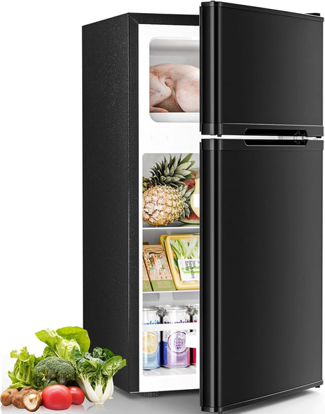 Black refrigerator with open door showing interior shelves and food items on a white background
