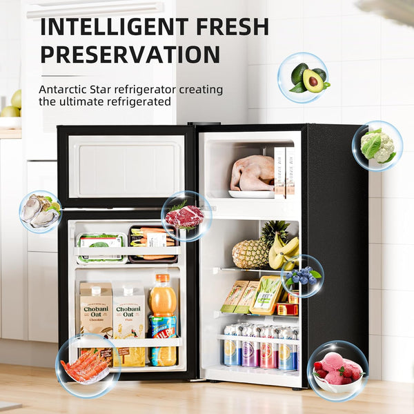 Open refrigerator with various food items and 'Intelligent Fresh Preservation' text.