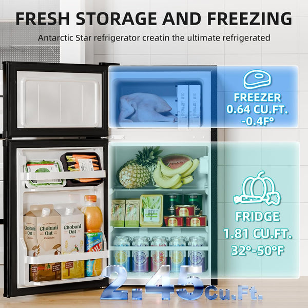 Antarctic Star refrigerator with open doors showing fresh and frozen food, labeled storage capacities.