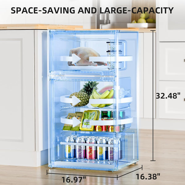 Small refrigerator with food items inside, labeled 'Space-saving and large-capacity', on a kitchen counter.