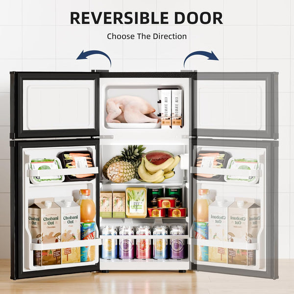 Reversible door refrigerator with food items inside, showing two different configurations.