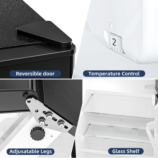 Collage of features including reversible door, temperature control, adjustable legs, and glass shelf on a kitchen appliance.