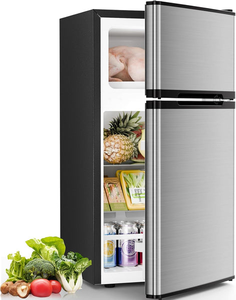 Small refrigerator with open door showing food items on a white background