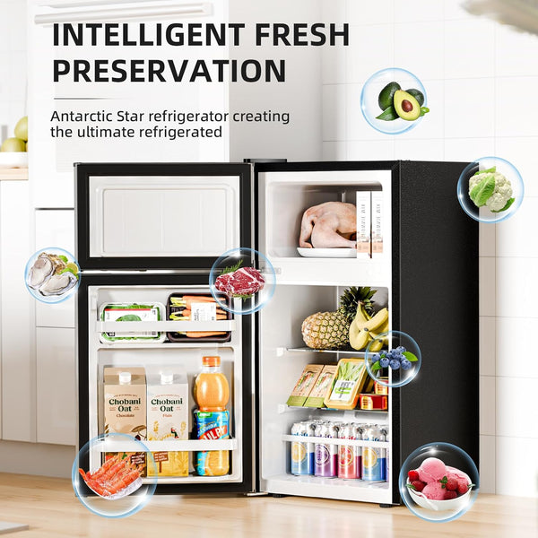 Open refrigerator with food items labeled for intelligent fresh preservation, featuring Antarctic Star branding.