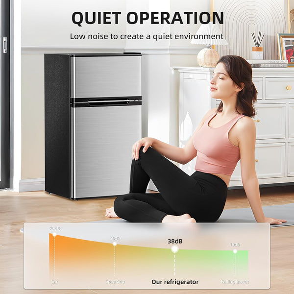 Woman practicing yoga in a room with a refrigerator, with text about quiet operation.