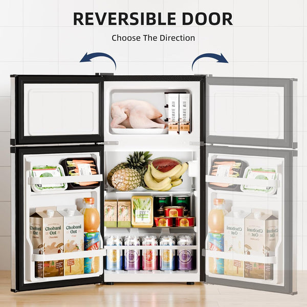 Reversible door refrigerator with open doors displaying various food items.