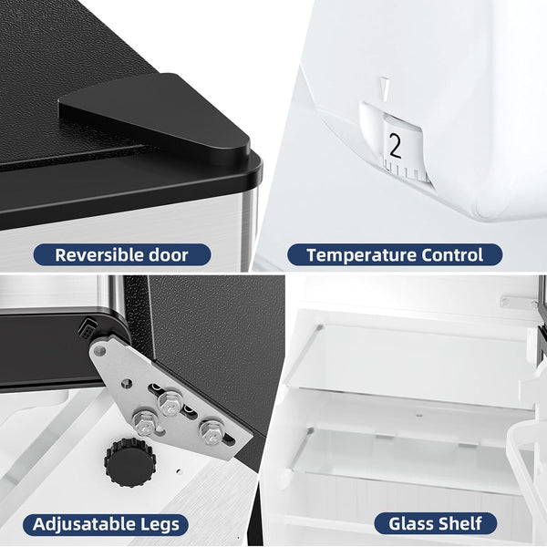 Collage of features including reversible door, temperature control, adjustable legs, and glass shelf on a kitchen appliance.