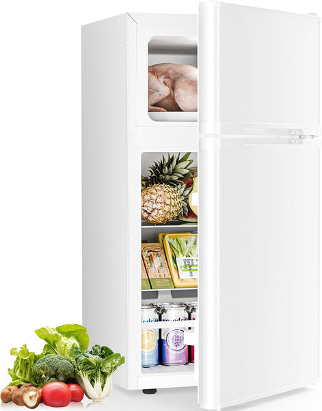 White refrigerator with open door displaying food items on a white background