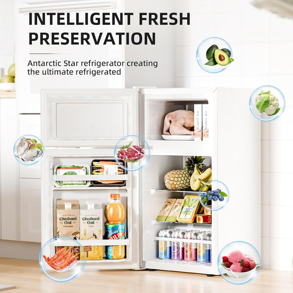 Open refrigerator with various food items and 'Intelligent Fresh Preservation' text.