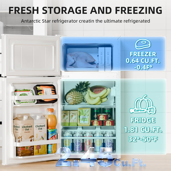 Antarctic Star refrigerator with open doors showing food items and freezer compartment.