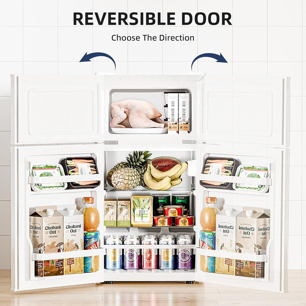 Reversible door refrigerator with food items inside, showing two different configurations.