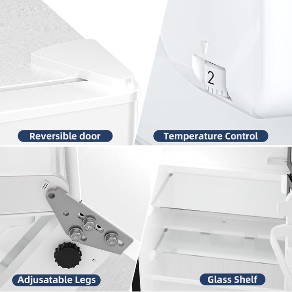 Collage of refrigerator features including reversible door, temperature control, adjustable legs, and glass shelf.