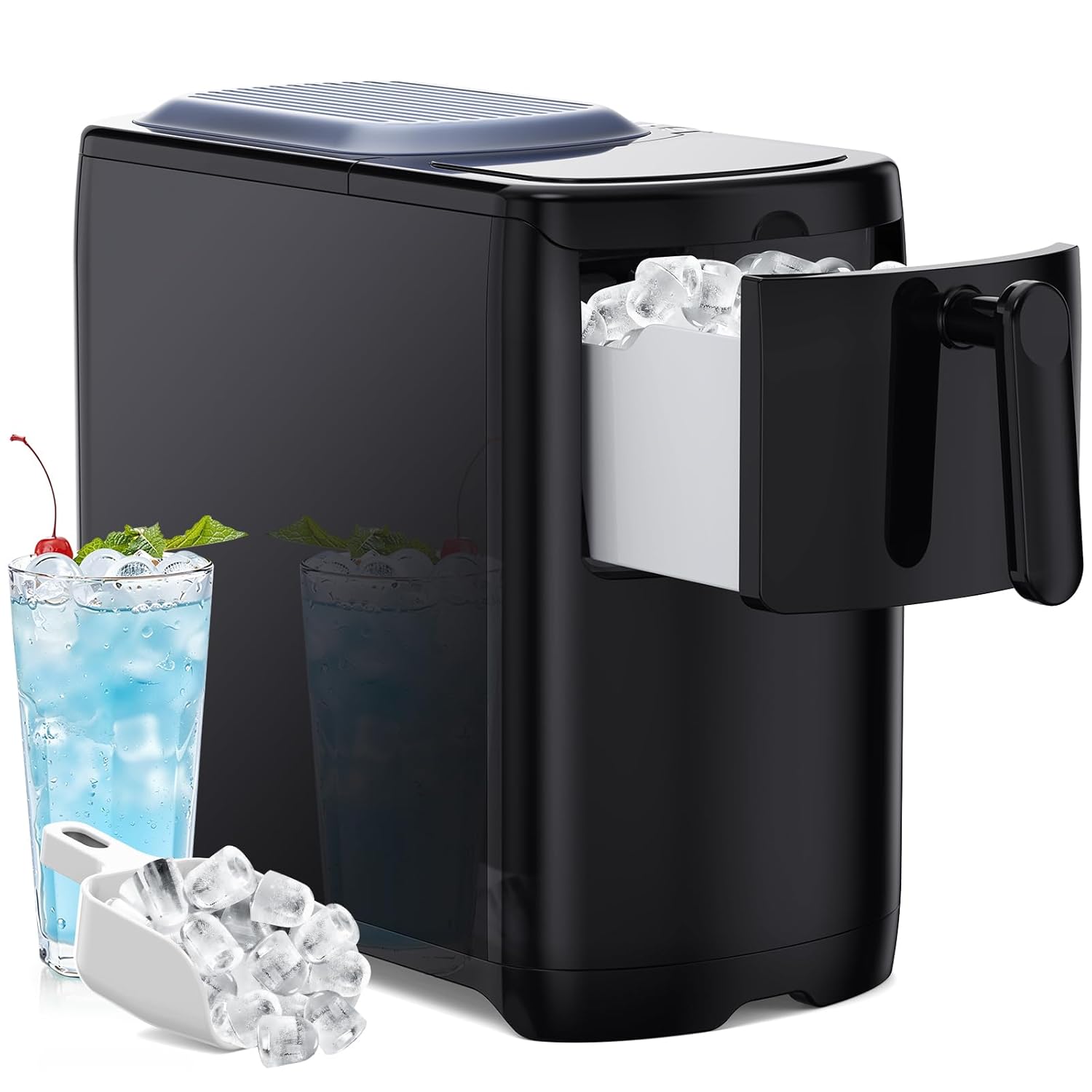 Black portable ice maker with a cup filled with ice and drinks on a white background