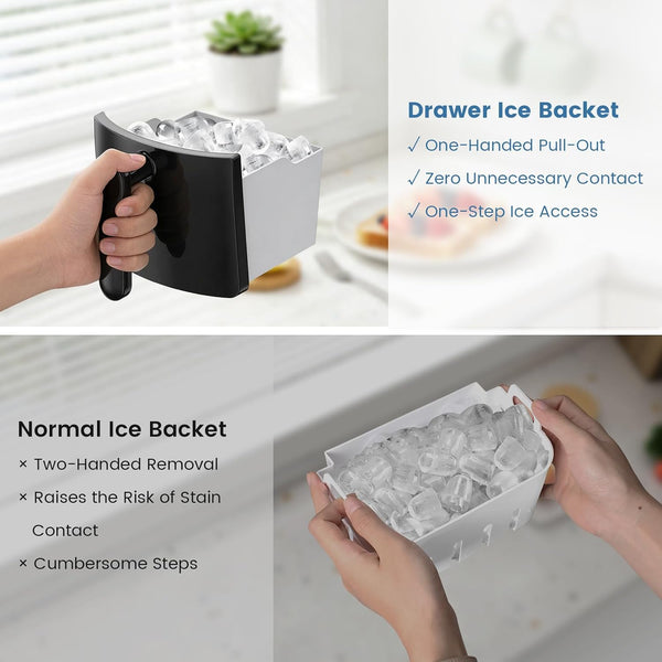 Comparison of a drawer ice bucket and a normal ice bucket with text highlighting features.